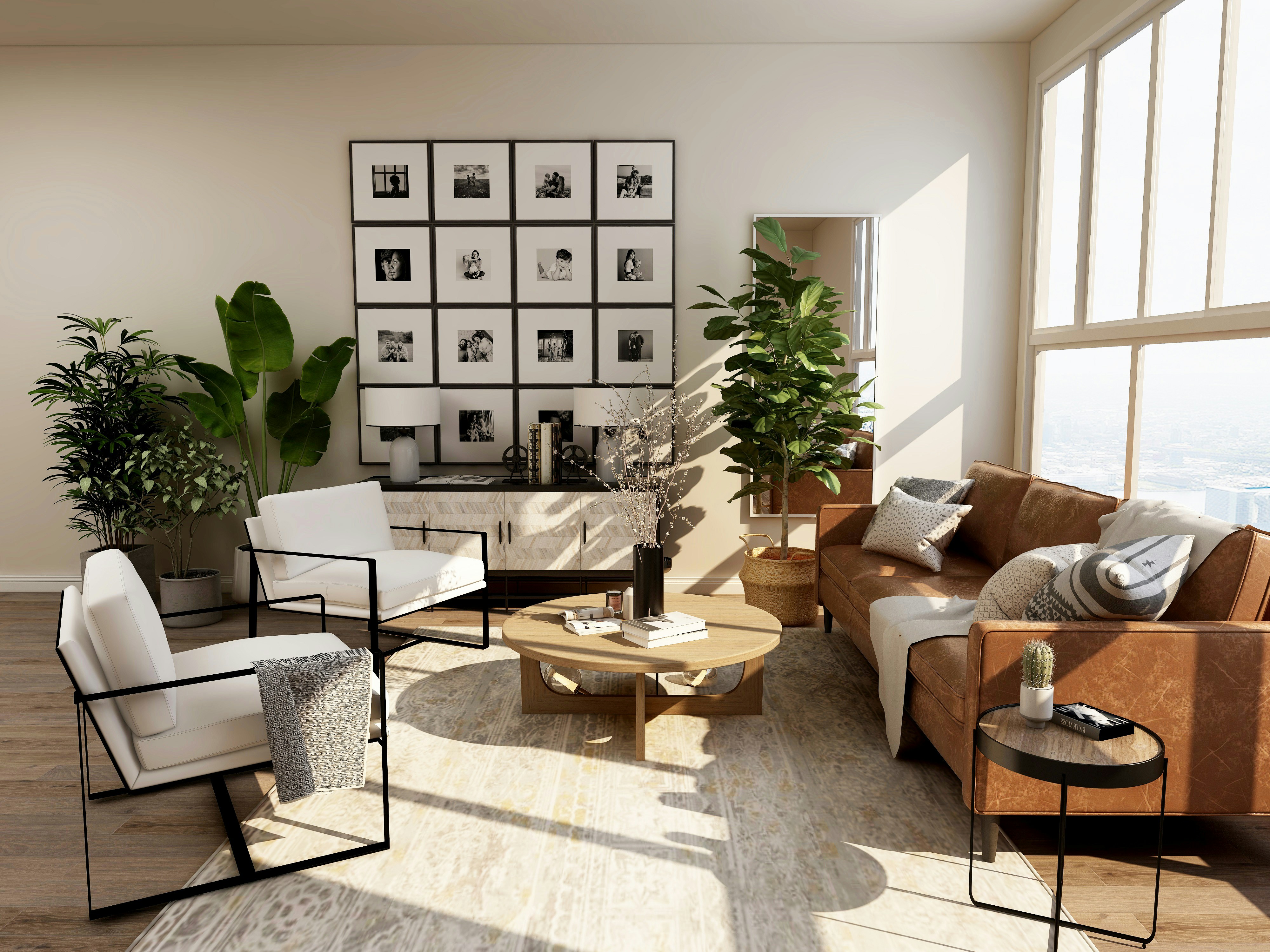 Sunlit living room with warm neutral furniture, natural wood and a spacious open layout